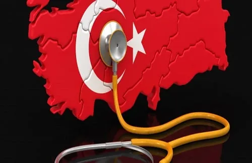Turkey map with national flag and stethoscope symbolizing medical tourism in Turkey