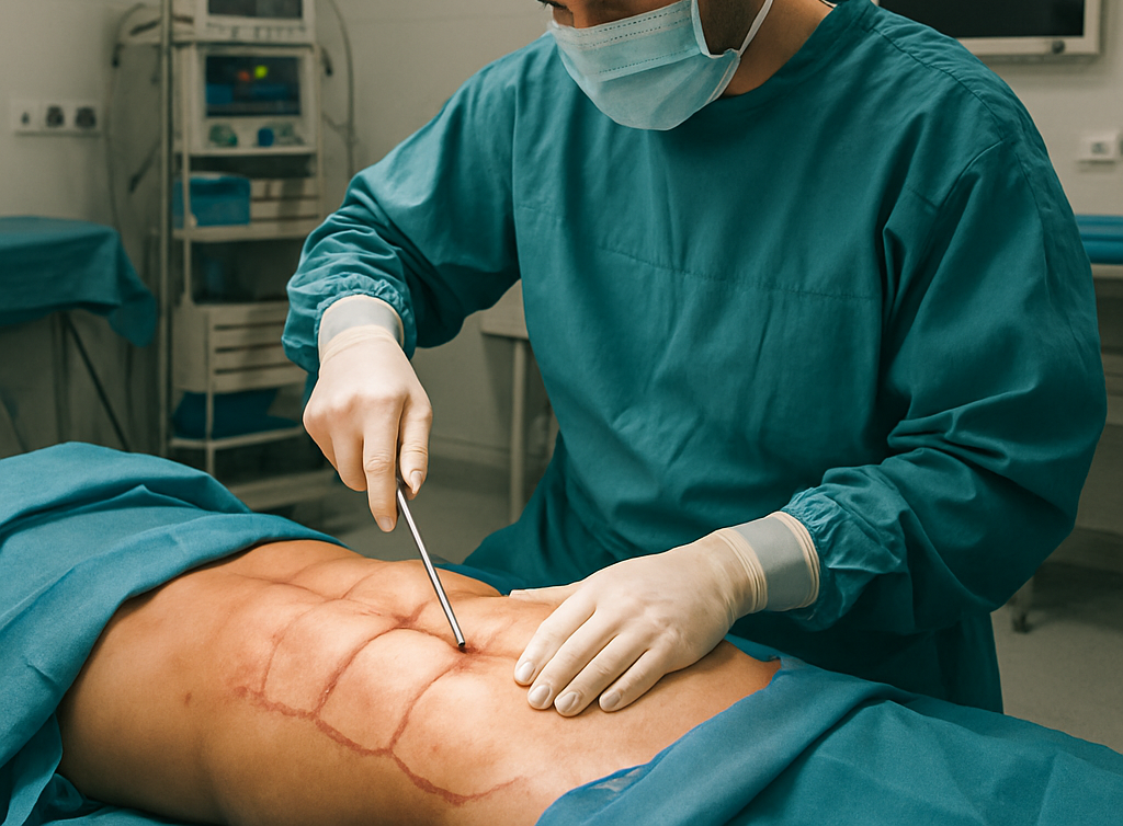 Surgeon performing abdominal etching to sculpt defined six-pack abs on a patient in an operating room.