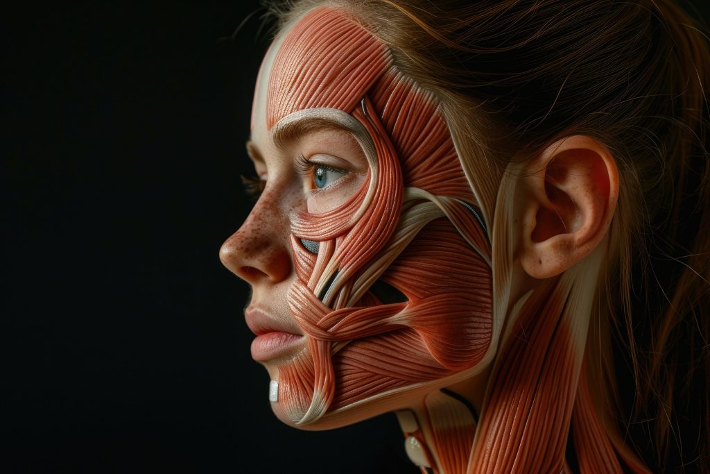 Anatomical visualization of female facial muscles used to explain Deep Plane Facelift surgery, showing the SMAS layer and deep tissue planes relevant to advanced facial rejuvenation.