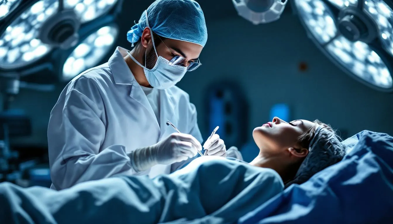 A surgeon performing breast augmentation surgery, illustrating the surgical procedures involved.