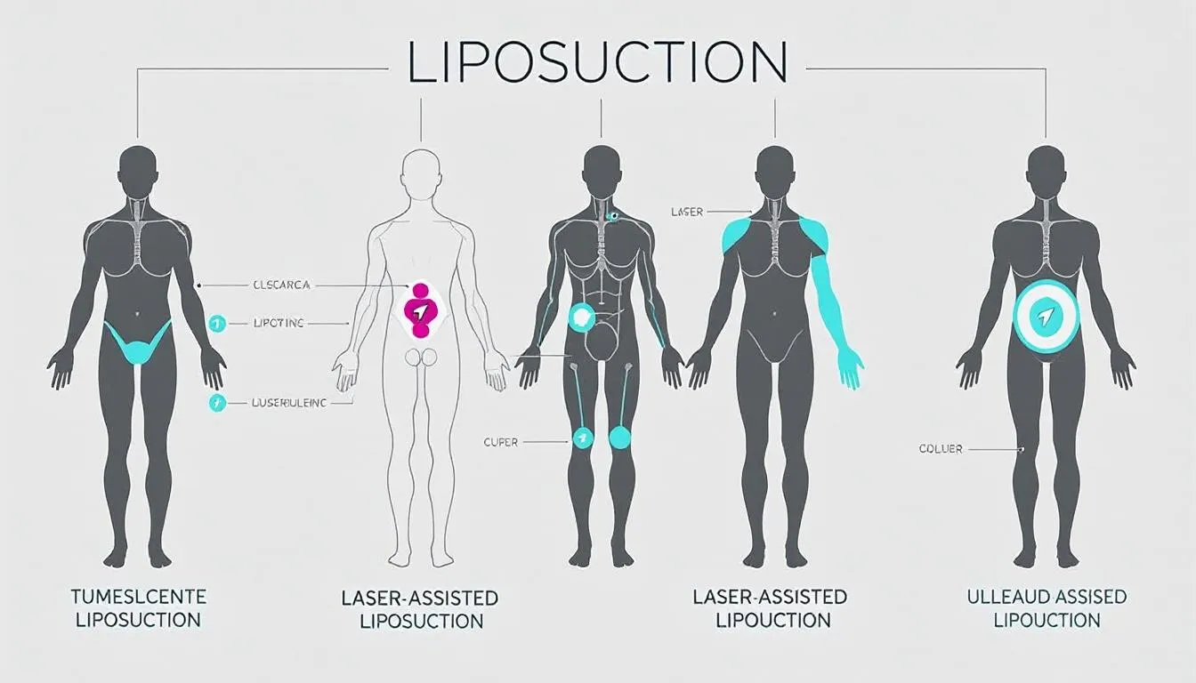 An illustration showing different liposuction techniques and procedures.